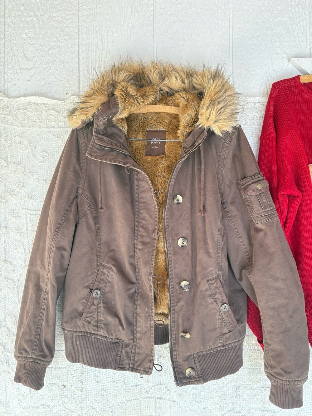 Y2K Brown Faux-Fur Lined Hooded Jacket Old Navy Large fits smaller - Picture 16 of 16